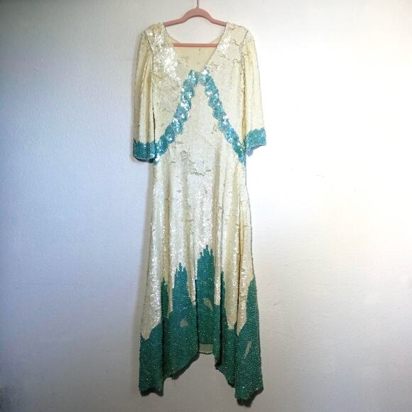 Vintage Art Deco Sequin Beaded Gown Cream Green M Ballroom Pageant Competition - Picture 9 of 15